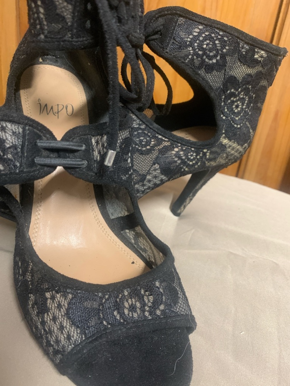 Impo Black Lace Cutout Ankle Tie Stiletto Heels - Picture 2 of 5